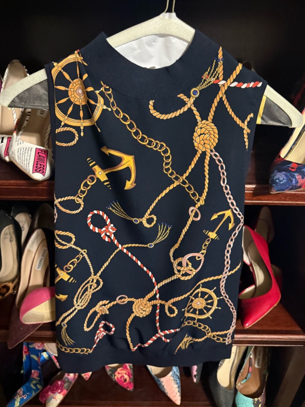 Nautical Print Sleeveless Shell Top - Navy & Gold